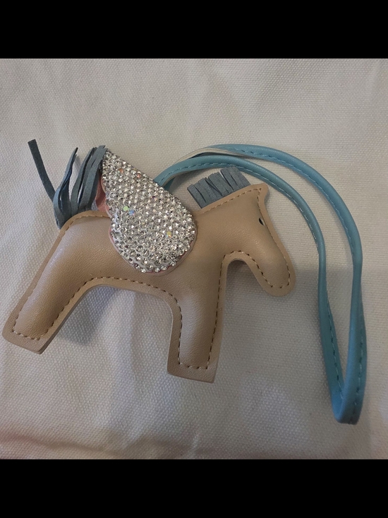 Accessories - Beige Leather Pony Bag Charm with Blue Strap and Rhinestone Wing